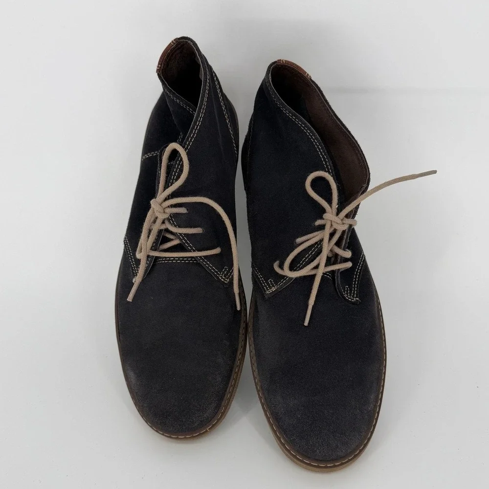 Johnston & Murphy Mens 12M Navy Suede Chukka Boots Brown Leather Trim 25-2047
